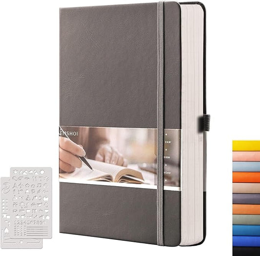 EMSHOI Dotted Notebook - 256 Pages A5 Dot Grid Journal Bullet Notebook with 120gsm Thick Dotted Paper,16 Perforated Pages, Hardcover Leather, Pen Holder, Inner Pocket, 5.75'' × 8.38''-Dark Grey