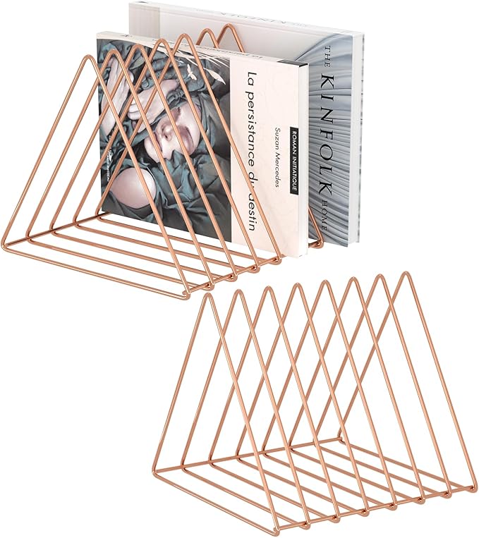 Urban Deco Triangle Desk Organizers Metal Wire Magazine Holder 7 Sections Decorative Vinyl Record Storage Office File Organizer For Desk - Rose Gold Magazine File Holder - 2 Pack