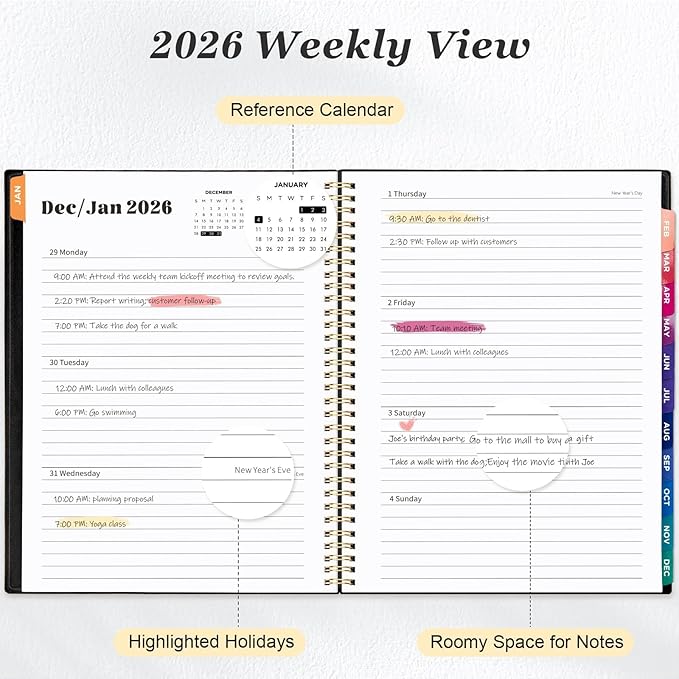 Oucaru 2026 Planner, Weekly and Monthly Planning Calendar, Jan 2026 - Dec 2026, 8.5" x 11", Spiral Bound, 12 Habit Trackers & Monthly Tabs, 2 Storage Pockets, Perfect for Office Home School Supplies