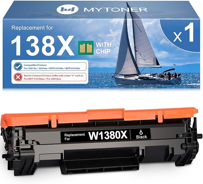 138X Black High Yield Toner Cartridge (with Chip) Compatible Replacement for HP 138X W1380X 138A W1380A Toner for Pro MFP 3101fdw 3101fdn Pro 3001dw 3001dn Printer (1 Pack)