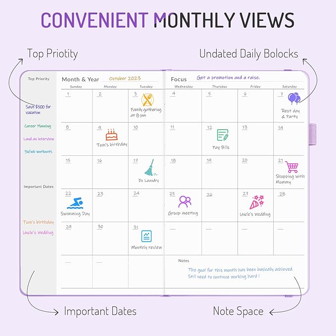 Undated Weekly Planner for 2025, Forvencer Simplified Weekly & Monthly Calendar Planner, Cute Daily Organizer Notebook, Agenda Journal to Track Goals & Tasks, Start Anytime, A5 Size, Navy Blue