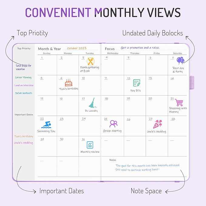 Undated Weekly Planner for 2025, Forvencer Simplified Weekly & Monthly Calendar Planner, Cute Daily Organizer Notebook, Agenda Journal to Track Goals & Tasks, Start Anytime, A5 Size, Lilac