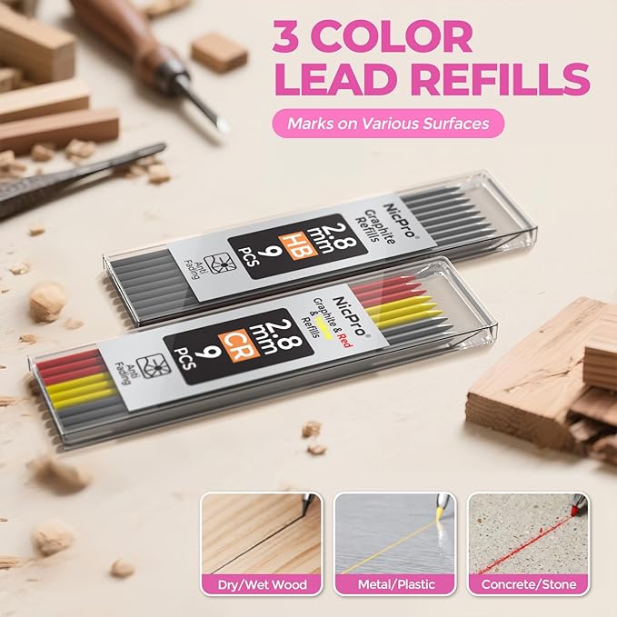 Nicpro CP3000 Carpenter Pencil with Sharpener, Construction Mechanical Pencils with 19 Refills, Heavy Duty Construction Pencil, Pink Woodworking Tools For Women, Great for Marking On Wood, Metal