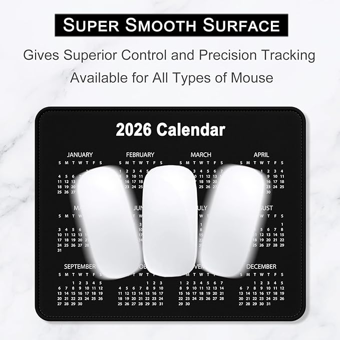 2026 Calendar Mouse Pad, Square New Year 2026 Mousepad 10.2 x 8.3 Inch, Stitched Edge Anti-Slip Waterproof Rubber Computer Mat for Office, Gaming, Laptop, New Year Office Supplies Gift, Black