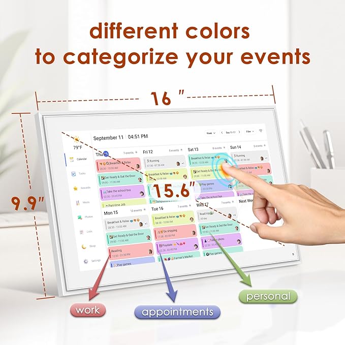 Digital Calendar 15.6 Inch, Electronic Calendar Chore Family Schedules, Smart Weekly and Monthly Planner, 1920 * 1080P IPS Touchscreen Interactive Display - Wall Mount White