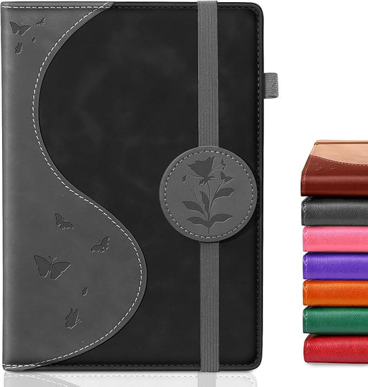 Lined Journal Notebook, A5 Hardcover Leather Journal for Men Women, 200 Pages 100 GSM Thick Paper, Journaling Notebooks for Work School Travel Note Taking, Black