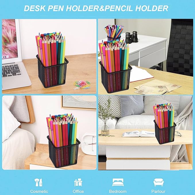 Pen Holder Pencil Holder Metal Pen Holder Cup Pencil Holder for Desk Office Pen Pencil Organizer for Desk Black, Square 4 Pack