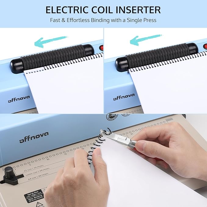 OFFNOVA Spiral Binding Machine, Spiral Coil Binder with Electric Coil Inserter, Easy to Punch Handle, Adjustable Side Margin, for Letter/A4/A5, Includes 100pcs 5/16" Plastic Coils & Crimper Plier