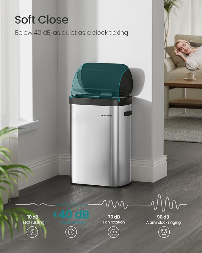 SONGMICS Motion Sensor Trash Can, 13-Gallon (50 L) Automatic Garbage Can with Soft Close Lid, Stainless Steel, Wave or Touch to Open, Includes 15 Bags, Metallic Silver and Ink Black ULTB640E01