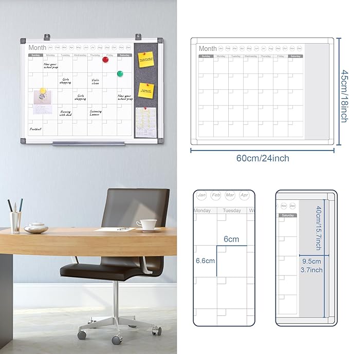 MAKELLO Dry Erase Calendar for Wall 24x18 in, Whiteboard Calendar and Grey Felt Board Combo for Office Home School