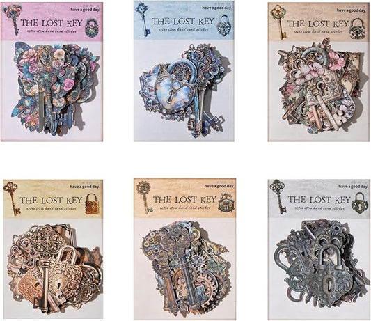 120 PCS Vintage Textured Cardstock Hollowed Key and Lock Stickers, Aesthetic Decorative Key and Lock Scrapbook Stickers for DIY Diary Junk Journal Handbook Journaling Scrapbooking Supplies Kit