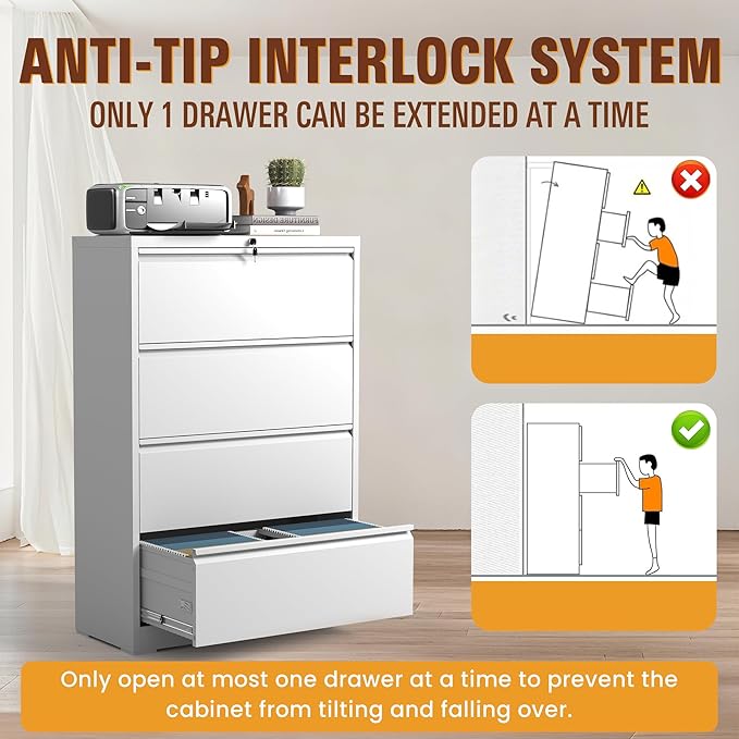 4-Drawer Lateral File Cabinet with Lock, Black Metal Filing Cabinet for Office or Home – Secure Storage for Letter/Legal/A4/F4 Documents, Easy to Assemble Locking File Organizer (White, 4 Drawer-52"H)