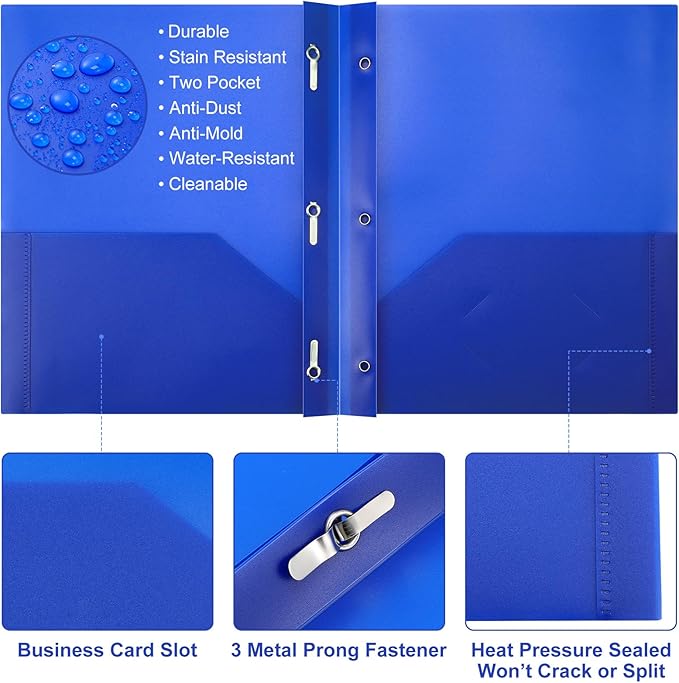 Patelai 48 Pcs Plastic Folders with 2 Pockets and 3 Prongs Home Folders with Card Slot Letter Size Heavy Duty Report Covers for Back to School(Blue,Classic)