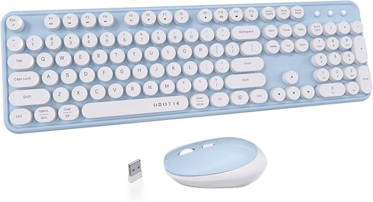 UBOTIE Colorful Computer Wireless Keyboard Mouse Combos, Typewriter Flexible Keys Office Full-Sized Keyboard, 2.4GHz Dropout-Free Connection and Optical Mouse (Blue-White)