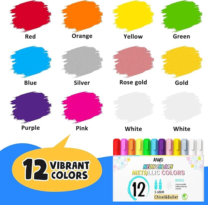 Anyo 12 Pack Window Markers for Cars, Liquid Chalk Markers with 6mm 3 in 1 Nib Bold Tip, Metallic & Neon Color Wet Erase Window Paint for Glass Washable, Glass, Mirror, Blackboard, Bistro, Menus