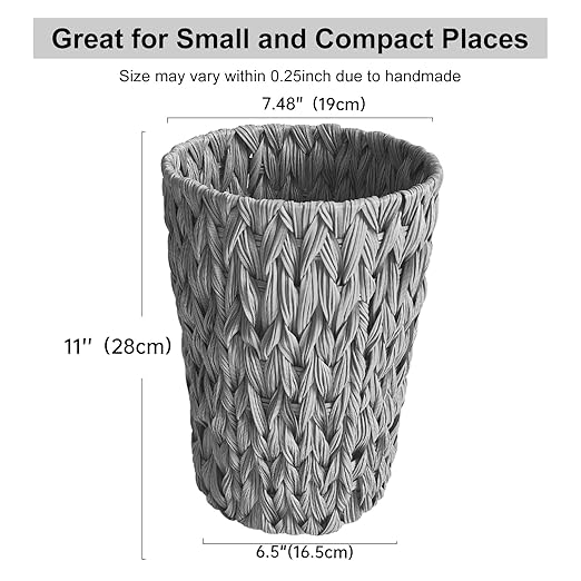 Wicker Trash Can,Small Bathroom Trash Can,Waterproof Wicker Waste Basket for Bathroom,Handwoven Wastebasket for Office,2 Gallon Grey Round