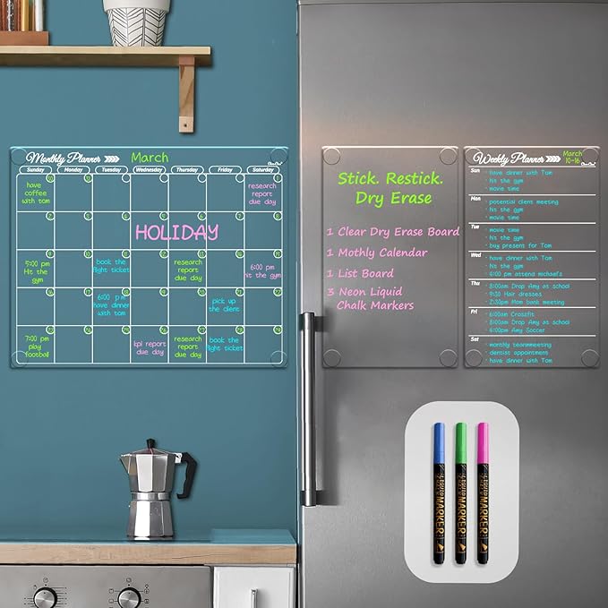 Clear Non-Magnetic Calendar Set for Fridge - Dry Erase Transparent Monthly, Weekly Calendar and Blank Board - Sticks to Wall, Glass, Door, Any Smooth Surfaces