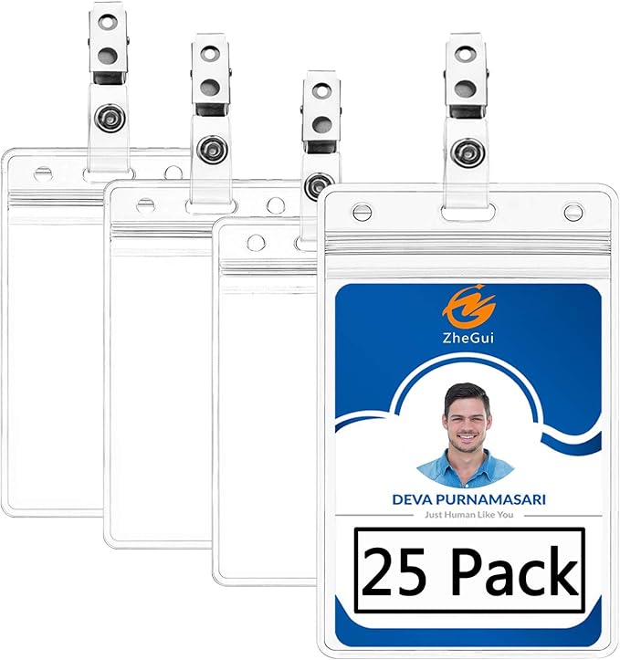 Vertical ID Badge Holder with Clip and Straps Heavy Duty Waterproof Ziplock Clear Plastic Name Tag Holder PVC ID Card Holders by ZHEGUI (25 Pack, Vertical 3.5X2.3)