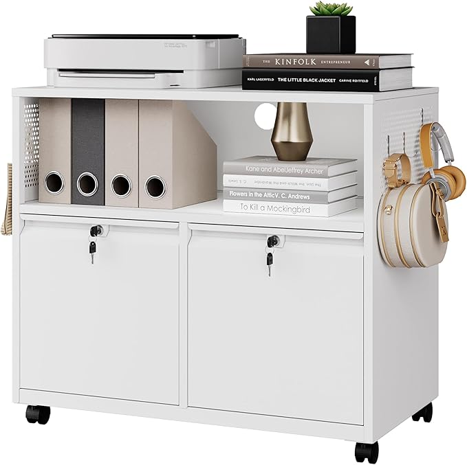 Letaya Mobile 2 Drawer File Cabinet with Lock, Metal Lateral Printer Stand Filing Storage Cabinets with Shelves for Home Office-A4/F4/Letter (White)