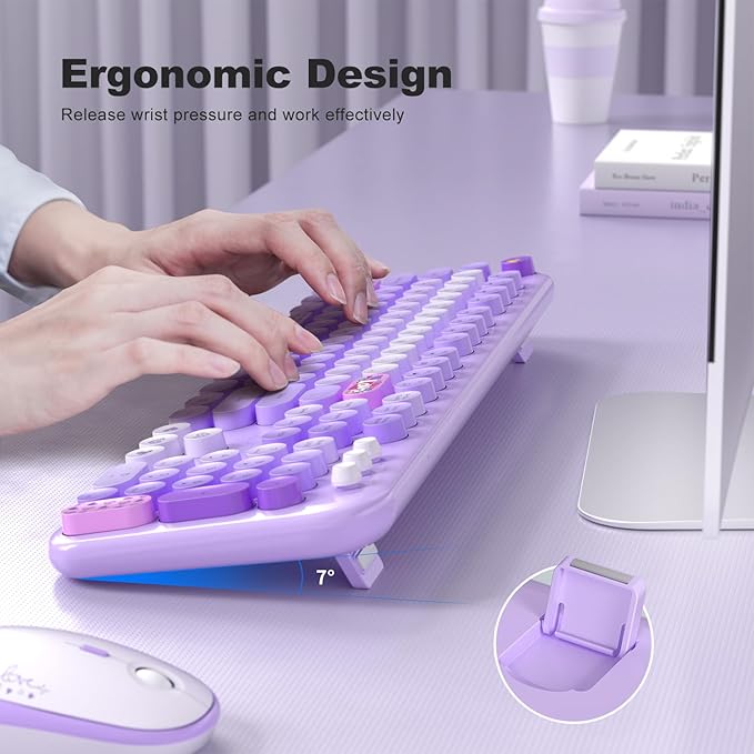 Wireless Keyboard and Mouse, Typewriter Full Size Keyboard with Number Pad and 2 in 1 USB Connected Mouse for Windows 7/8/10, Laptop, Desktop, PC, Computer (Purple Colorful)