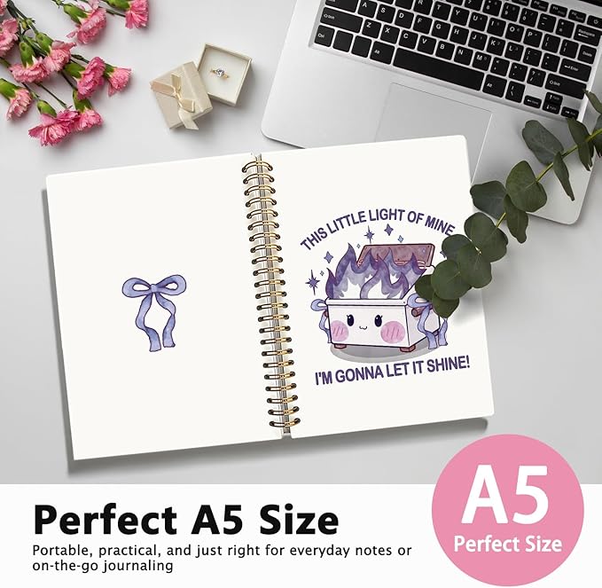 Cute Dumpster Fire Notebook Journal for women, Purple Bow Cute Spiral Notebooks for Women Girls,Dumpster Fire Gifts, Funny Office Gifts for Coworkers, 5.5x8.3 Inch