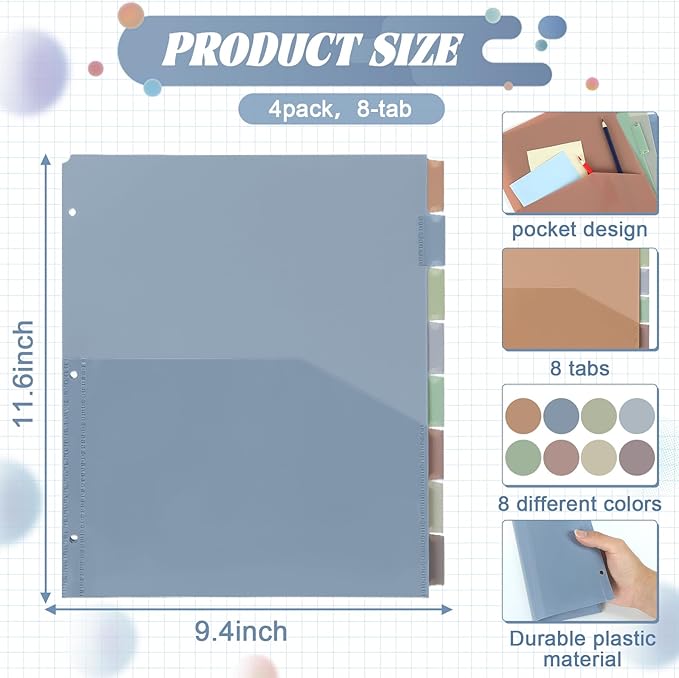 32 Pcs/4 Sets 8 Tab Binder Dividers with Pockets Plastic Tabs Dividers for 3 Ring Binder with Pockets Colorful Sturdy Subject Notebook Divider for Office School Home Business Organizer (Boho)