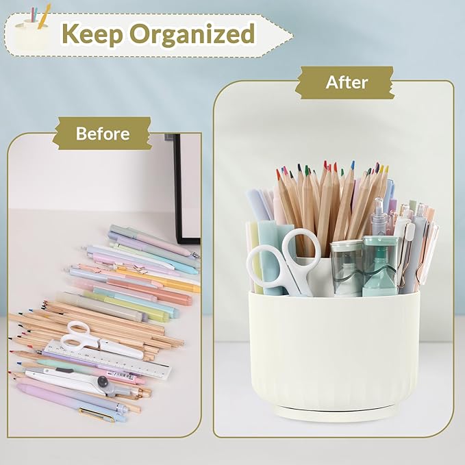 SKYDUE 360 Degree Rotating Desk Organizer, Small Dual-Purpose Pencil Pen Holder for Desk, Rotating Pencil Cup with 5 Slots, Office Supplies, Desk Decor for Office, School, Home