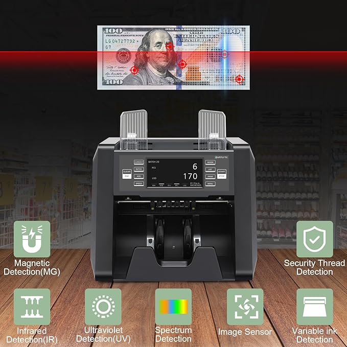 N30 Money Counter Machine Mixed Denomination, Multi Currency Value Count, CIS/UV/MG/IR Counterfeit Detection, Printer Enabled Cash Counter for Business
