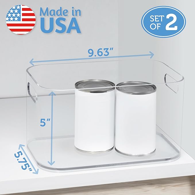 STORi Bliss 10" x 6" Open Clear Pantry Organizer Bin, Set of 2, Plastic Containers with Handle for Kitchen, Fridge, Cabinet, Closet, Bathrom, Undersink Storage Made in USA