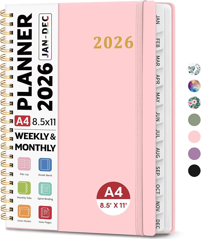 2026 Planner 8.5" x 11", Weekly and Monthly Calendar Planner Book, January 2026 - December 2026, Hardcover Spiral Planner with Monthly Tabs, Notes Pages, Perfect for Women & Men, A4 - Pink