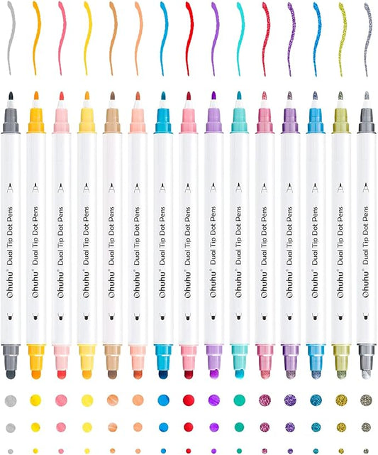 Ohuhu Dual Tip Dot Markers: 15 Colors Dot Marker Pens (Fine & Dot) for Kids Adults Water-Based Ink Metallic & Regular Colors Dot Pens for Journaling Scrapbooking DIY Highlighting Drawing Markers