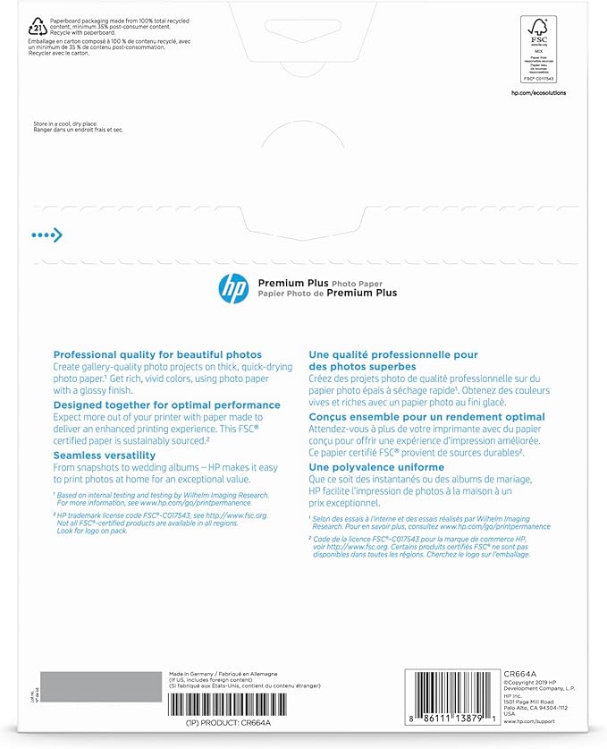 HP Premium Plus Photo Paper, Glossy, 8.5x11 in, 50 sheets (CR664A), White, Pack 1