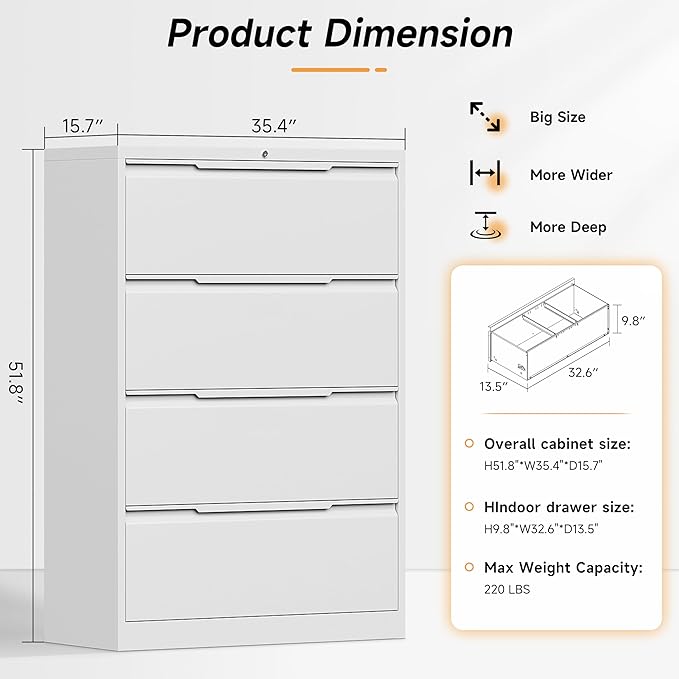 Bestoo 4 Drawer Lateral File Cabinet, Metal Lateral Filing Cabinet with Lock for Hanging Files Letter/Legal/F4/A4 Size, Easy Assemble White