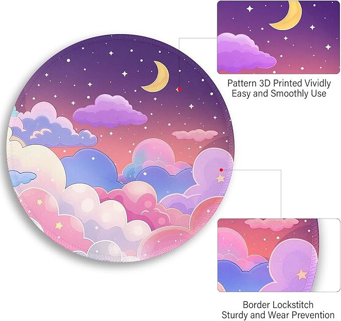 Kawaii Moon Cloud Star Sky Night Mouse Pad, Small Round Mouse Pads for Desk, Mini Travel Mousepad for Wireless Computer Laptop, Pastel Purple Lilac Violet Office Desk Accessories