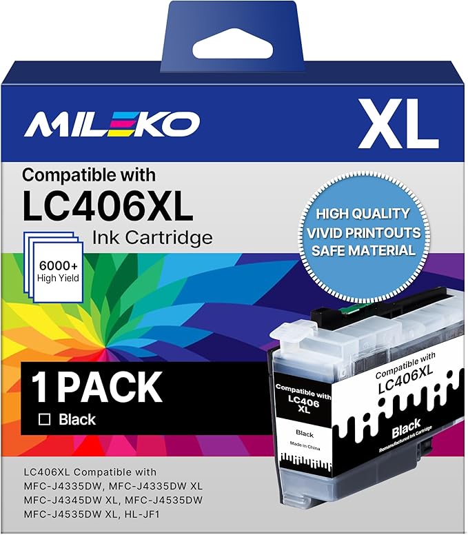 LC406 Ink Cartridges for Brother Printer Black Compatible for Brother LC406XL LC 406 XL 406 XL High Yield Ink Cartridges for Brother MFC-J4535DW MFC-J4335DW MFC-J5855DW MFC-J6555DW MFC-J6955DW, 1 Pack