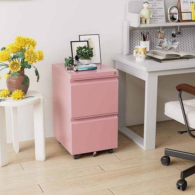 Aobabo 2 Drawer File Cabinet with Wheels, Lockable Metal Filing Cabinet for Home Office, Legal/Letter Size, Fully Assembled Except Wheels, Pink