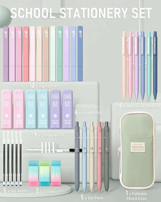 Four Candies 39 PCS Aesthetic School Supplies with Cute Pen Case, 12 Pastel Highlighters, 5 Black Ink Gel Pens, 6 Mechanical Pencils Set 0.5 & 0.7 mm for Students Stationary College Essentials (Green)