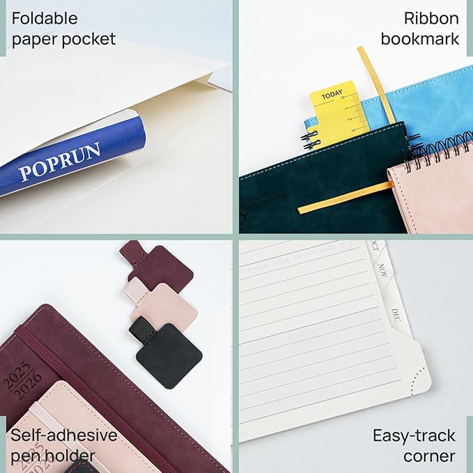 POPRUN Planner 2025-2026 Weekly Notebook for Purse(Pocket Size 4''x 6.25'') Small Academic Calendar (JUL.25 - JUN.26) with Monthly Tabs, Leather Soft Cover, Inner Pocket, 100 GSM - Black