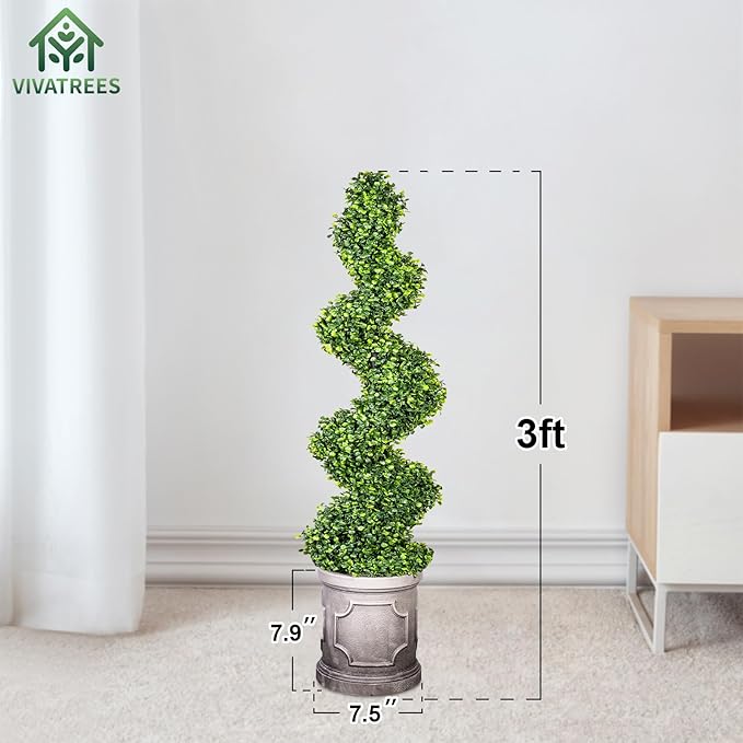3FT Artificial Spiral Boxwood Topiary Trees with Antique-White Roman-Style Planter - Outdoor&Indoor Year-Round Garden, Porch, Entryway Decor (2 Pack)