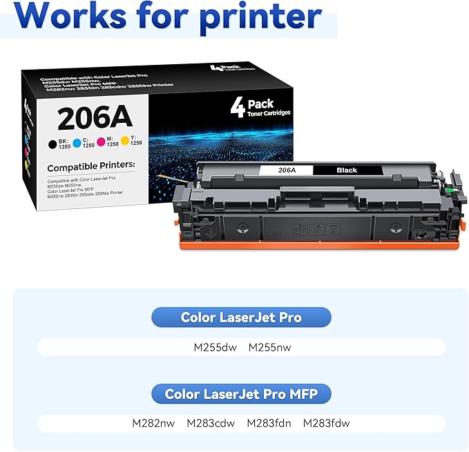 206A Toner Cartridge 4Pack Compatible with HP 206A 206X Toner Set for HP Color Laserjet Pro M255dw M255nw MFP M283fdw M283cdw M282nw M283fdn Ink（Black/Cyan/Yellow/Magenta