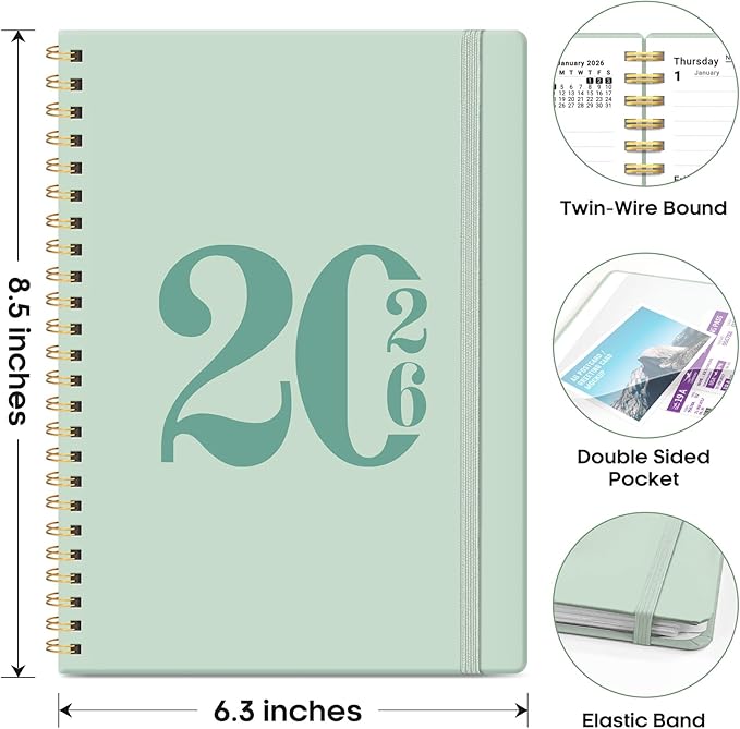 2026 Planner, Weekly and Monthly Calender Planner, Jan 2026 to Dec 2026, Hardcover 2026 Calendar Planner Book with Tabs & Inner Pocket, Office Home School Supplies for Women & Men - A5 (6.3" x 8.5"), Mint