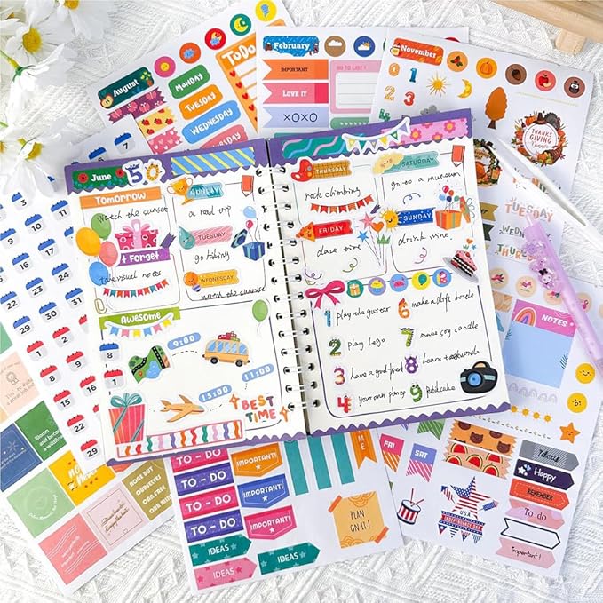 1700+ Planner Stickers Book, 24 Sheets Waterproof Repositionable Stickers for Journal, Bullet Planner, Scrapbook & Calendar, Functional Decorative Sticker Set & Gift (Colorful Theme)