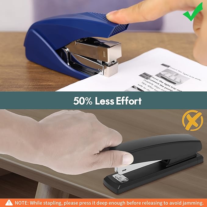 AFMAT Effortless Stapler for Desk, 50 Sheet Capacity, Low Force, Built-in Staple Remover, One Finger Touch Stapling Desktop Stapler, Portable & Space Save Size, Good for Home & Office, Blue