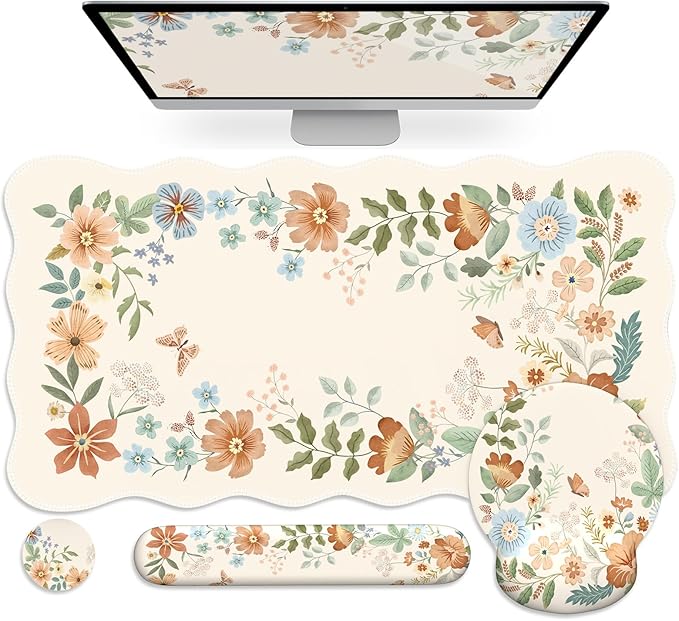 Scalloped Office Desk Cover Mat+Keyboard Wrist Rest+Mouse Wrist Rest+Coaster Set,Scalloped Desktop mat for Teacher Desk Cover,Pastel Home Office Essentials