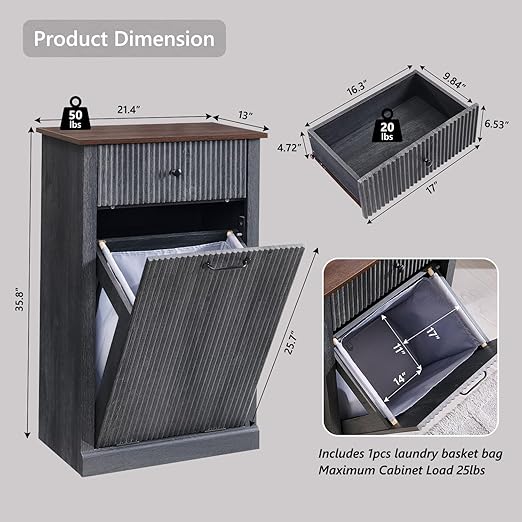 Modern Tilt-Out Trash Can Cabinet, 10 Gallon Fluted Laundry Hamper Cabinet with Drawers, Wooden Hidden Garbage Can Cabinets with Storage Basket, Free Standing for Kitchen and Living Room, Grey