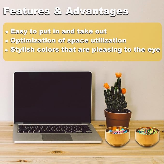 Paper Clip Holder & Organizer - 2-Pack Metal Desk Bowls for Office Accessories, Holds Binder Clips, Paper Clips & Small Parts | Space-Saving Desktop Organizer (Gold)