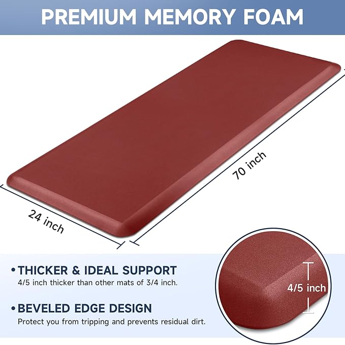 4/5 Inch Thick Kitchen Mats for Floor, StepRite Kitchen Rug for Standing Desk, Non-Slip, Thicker, Stain Resistant, Waterproof, Comfort Anti Fatigue Floor Mat for Home, Kitchen, Office - Red,70 * 24''