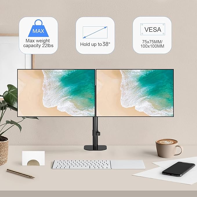 Pholiten Dual Monitor Stand,Heavy Duty Adjustable Monitor Desk Mount for 2 Screens up to 38Inches,Dual Monitor Arm with Height Adjustable Tilt Swive Rotate,Holds up to 22 lbs