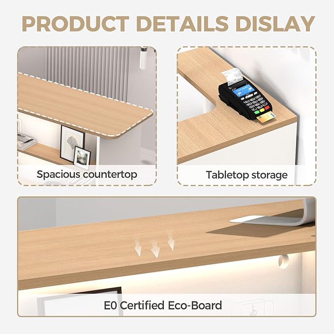 Modern Reception Desk with LED Lights - 59" Front Desk Reception Counter with Dual Display Shelves & Hidden Cable Management, Lockable Drawer & Storage Cabinet for Office, Salon, Spa, Retail, Right