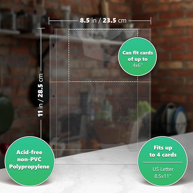 Full Size 4x6 for 8.5x11 Pack of 25 Recipe Card Protectors Top-Loading Crystal Clear Recipe Card Sleeves with 2 Pockets for 3 Ring Binder, Plastic Index Card Protector for Kitchen Cookbook